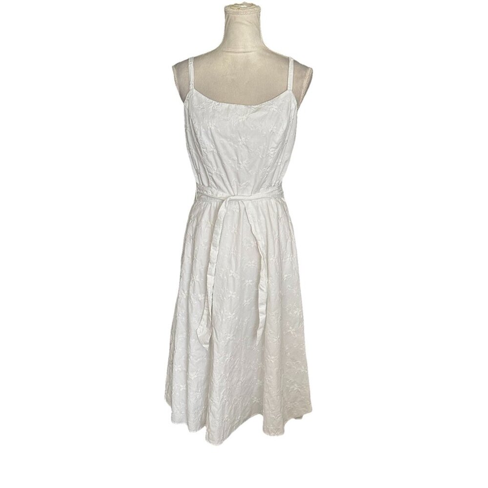 Robin Jordan Square Neck Midi White Dress Belted Waist Textured Timeless Sz 10
